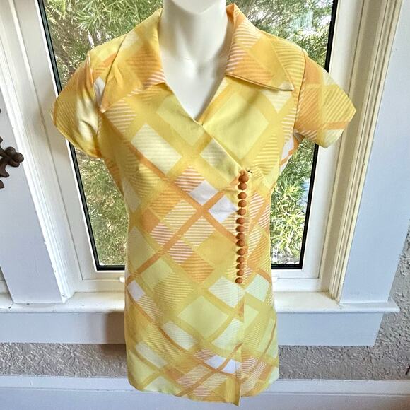Vintage 1960s Handmade Yellow Plaid Mini Dress with Snap Button Front - Picture 1 of 16